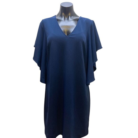 Trina Turk V-Neck Bell Ruffle Sleeve Dress Navy 8 - Picture 1 of 8